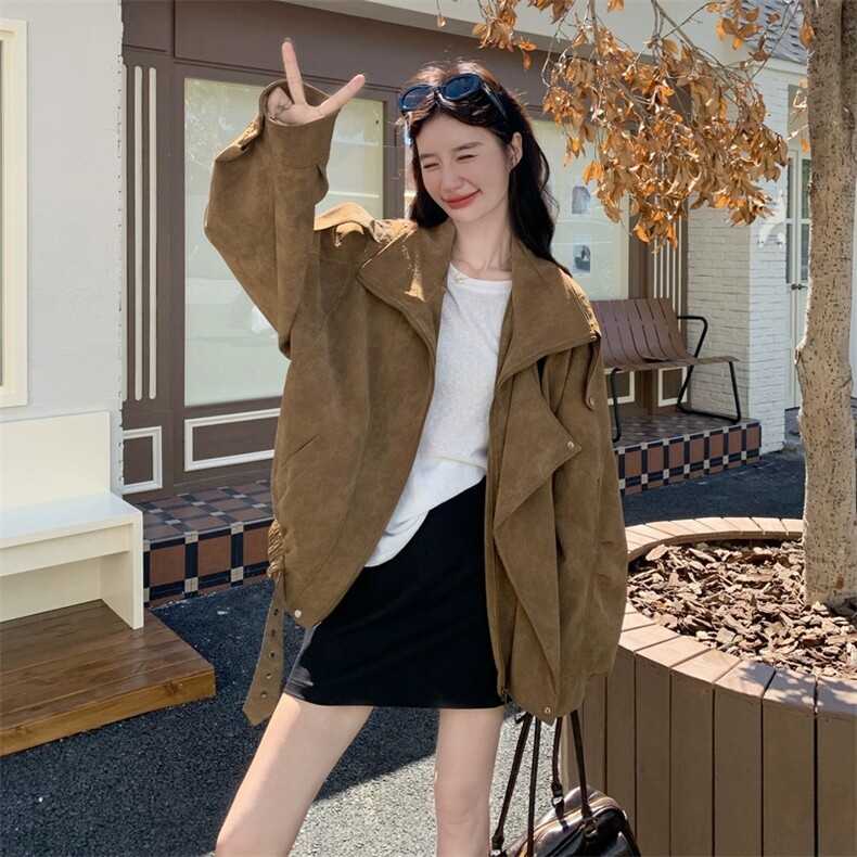 高级感美拉德机车服夹克棕色立领麂皮绒短外套秋图片