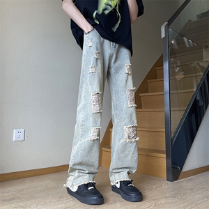 美式高街水洗牛仔裤男秋季潮牌高级感宽松直筒阔腿裤子NZ100-P45图片