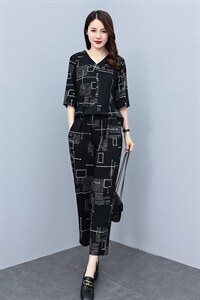HXY802夏季妈妈套装2022新款印花透气短袖洋气休闲时尚减龄两件套图片