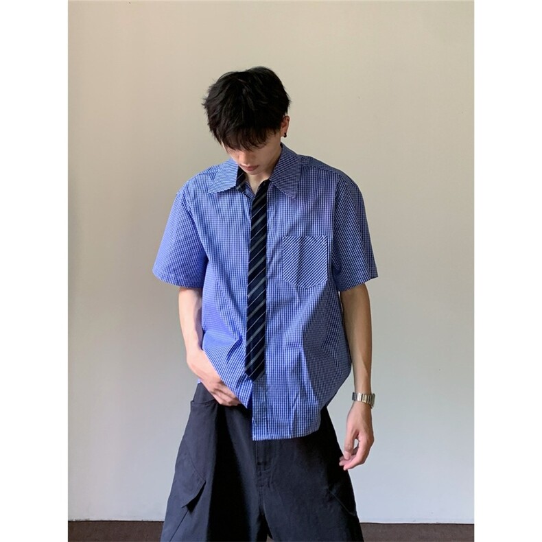 蓝色格纹假领带衬衫男女夏季短袖美式衬衣情侣A2270-P39,男装T恤,星座208-5