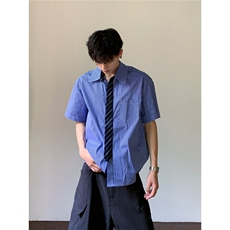 蓝色格纹假领带衬衫男女夏季短袖美式衬衣情侣A2270-P39，男装T恤，星座208-5