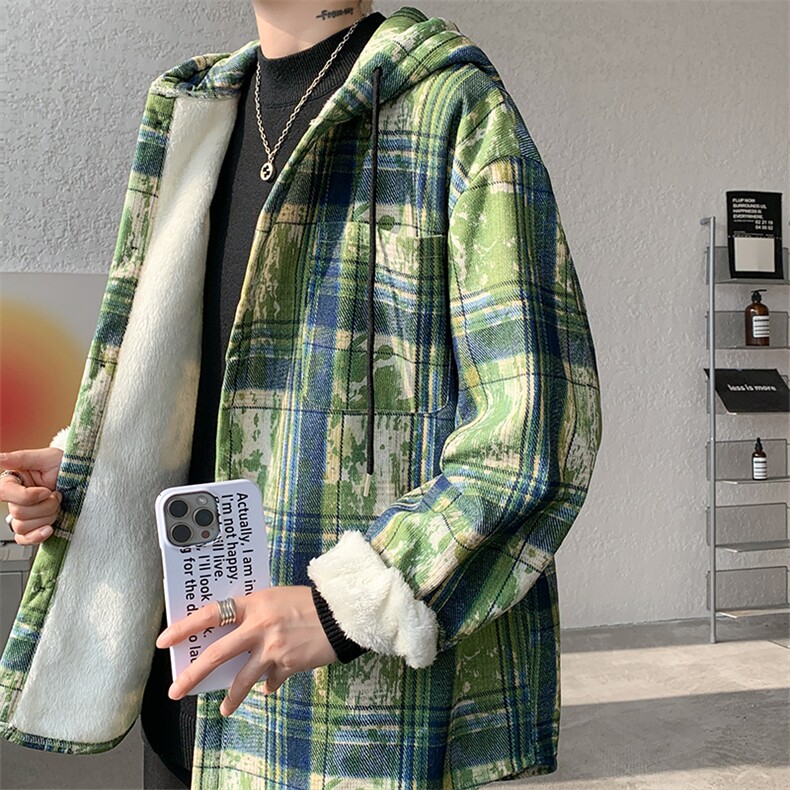 WY10097-P55加绒P65秋季撞色格子连帽大码休闲百搭卫衣外套男,女装短外套,电商A059