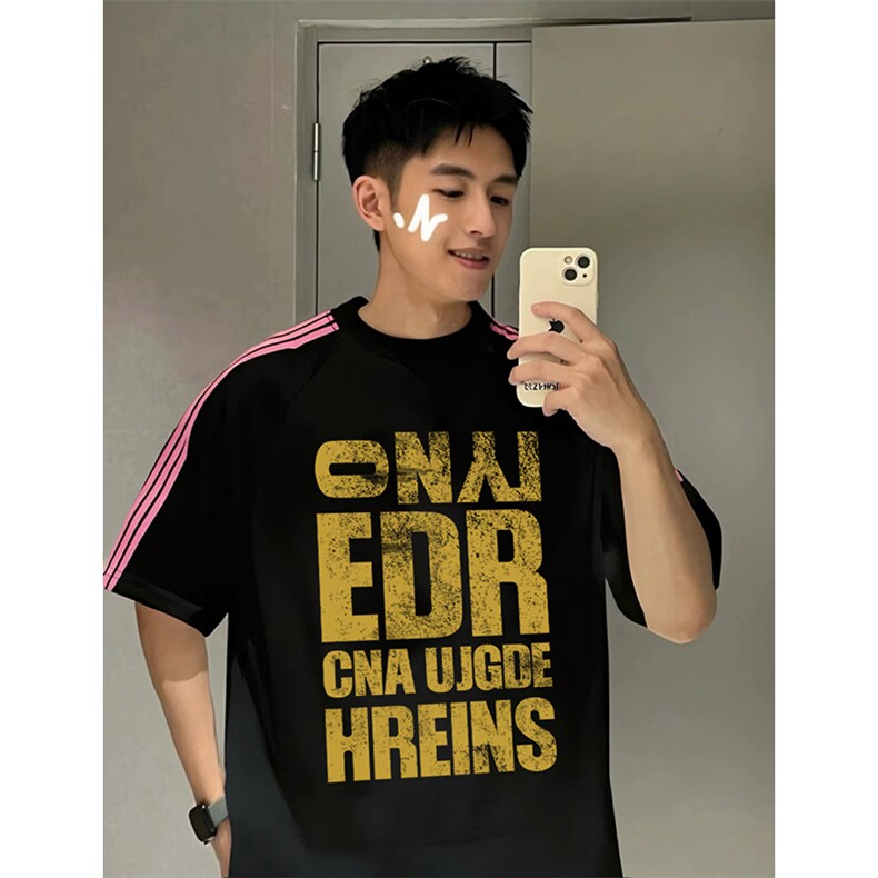 抖音得物品质二开240克宽松纯棉美式潮牌印花三条杠中性风短袖T恤,男装T恤,电商A486-1