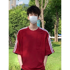 抖音得物高品质二开240克宽松纯棉美式潮牌三条杠织带短袖T恤，男装T恤，电商A486-1