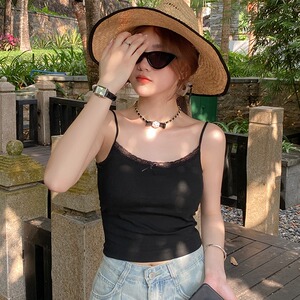 纯欲风蕾丝边蝴蝶结吊带背心女2025夏季带胸垫短款上衣图片