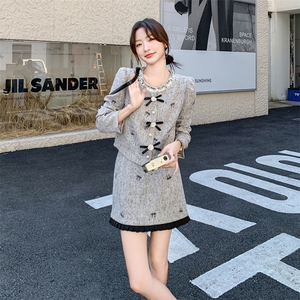 灰色名媛小香风套装裙女2025春季新款轻奢高级感气质半身裙两件套图片