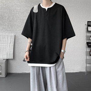 8XL-M重磅斜纹假两件短袖t恤男夏季薄款宽松大码半袖体恤DT006P45图片