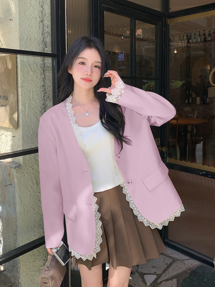 蕾丝拼接小香风西装外套女2026春新款气质独特超好看休闲西服,女装西装,浙宝128A