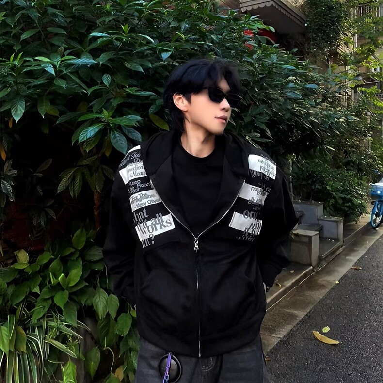 美式复古黑色卫衣男女秋冬季加绒加厚港味chic连帽外套,女装短外套,四季星座505
