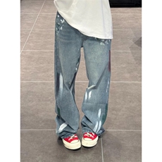【网图】复古蓝泼墨破洞牛仔裤男女夏季美式vibe裤子KNZ01WW-P48，男装牛仔裤，星座1007（原301D）