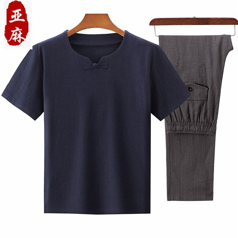 大货新款夏男款中老年风亚麻套装短袖T恤套装棉麻长裤爸爸装，男装中老年男装，钱塘723