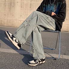 牛仔裤男女美式复古潮牌高街vibe水洗宽松直筒阔腿长裤子1042-p45，男装牛仔裤，星座1008