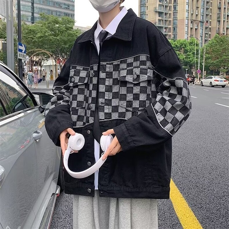 牛仔外套男秋季新款潮牌休闲棋盘格拼接夹克宽松百搭上衣X330/P45,男装工装外套,星座506