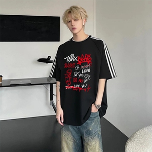 抖音得物高品质二开240克宽松纯棉美式潮牌三条杠织带短袖T恤图片