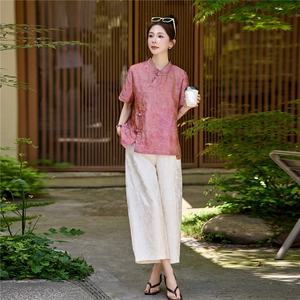 长期有货2026夏装新款时尚两件套装女提花新中式衬衫T阔腿腿裤女图片