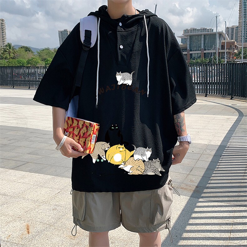 LD54155-P45连帽短袖t恤男大码胖子带帽五分袖中袖,男装T恤,电商A040