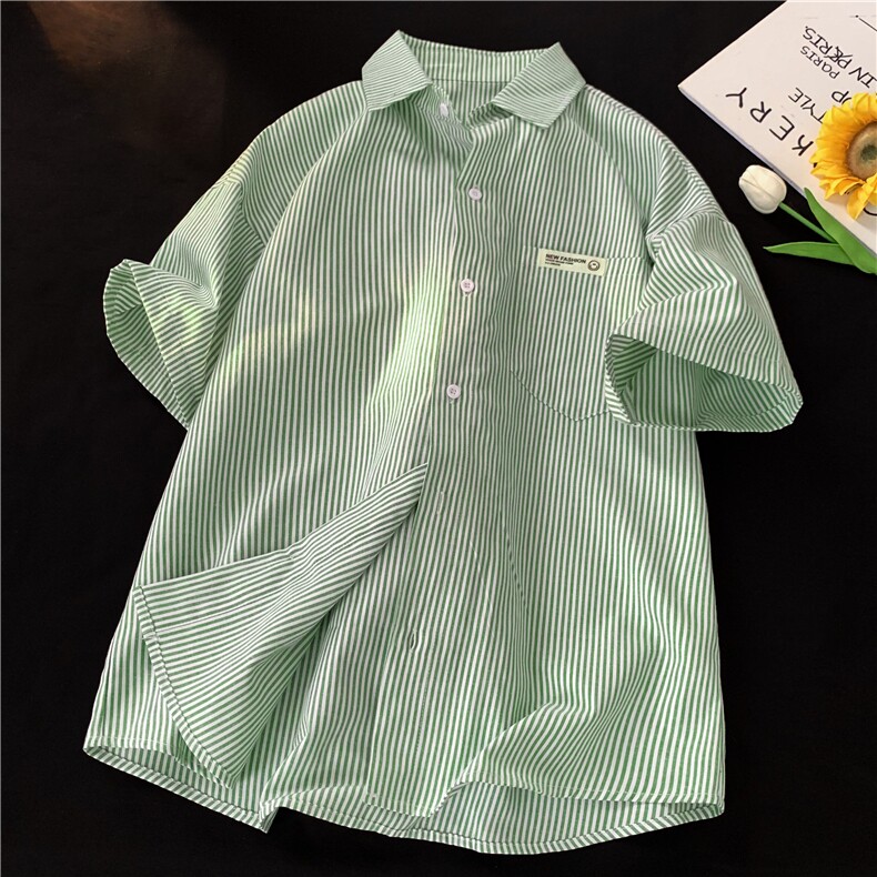 wassuphappy条纹短袖衬衫男夏季薄款潮牌港风翻领上衣服休闲外套,男装衬衫,星座222-7