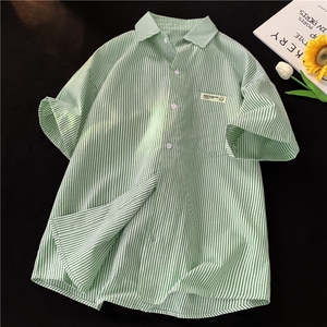 wassup happy条纹短袖衬衫男夏季薄款潮牌港风翻领上衣服休闲外套图片