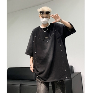 水洗做旧短袖t恤男 夏季美式复古铆钉解构上衣XZ514-2-202438-P68图片