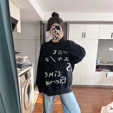 女款基础标语仿貂绒毛衣宽松休闲圆领学院风提花圆领针织衫上衣，男装针织衫/毛衣，星座506A
