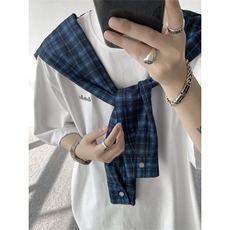 8XL-M潮情侣美式拼接打结格子假两件短袖宽松纯棉T恤男DX338，男装T恤，电商D206-1