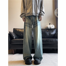美式复古闪电纹牛仔裤男女宽松直筒潮牌裤子潮N117-P53，男装牛仔裤，星座308B-2