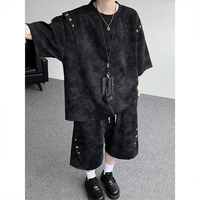 TZ795-特55控98夏季高街痞帅扎染圆领大码短袖套装男六分裤,男装T恤,电商A059