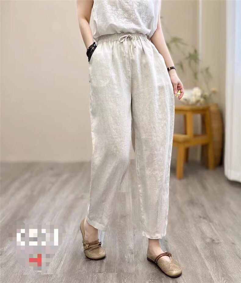 亚麻小脚裤百搭时尚简约,女装休闲裤,湘姗