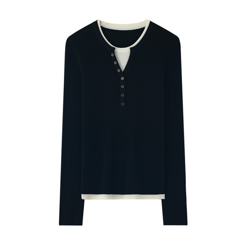 2025年秋季新款四平假两件针织半开领上衣时尚休闲通勤百搭，女装针织衫/毛衣，朝思羊绒