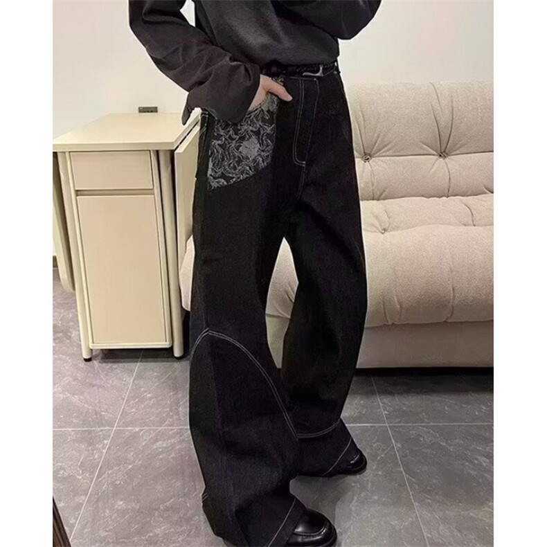 美式复古设计感明线弯刀牛仔裤男痞帅百搭直筒宽松长裤 NB917图片