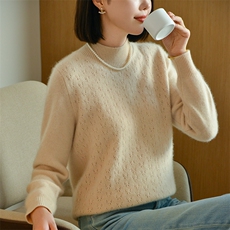 秋冬季新款女士七针双线重工镂空半高领羊毛衫，女装羊毛衫，宋氏羊绒