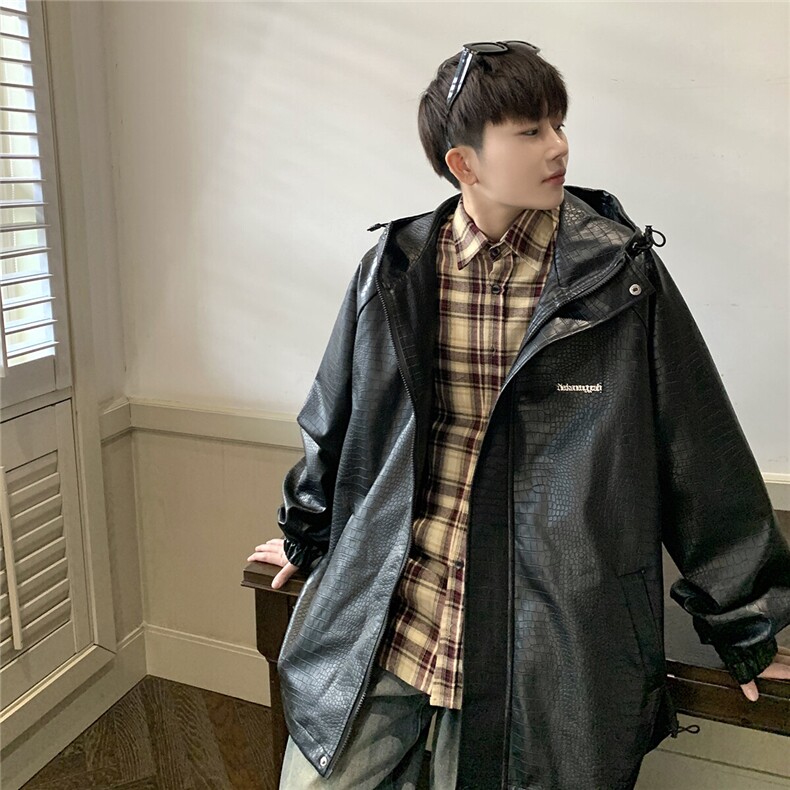 1港风连帽鳄鱼纹PU皮衣大码情侣休闲冲锋衣夹克男JK8744P90控128，男装夹克，星座226-2