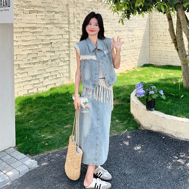 花边拼接牛仔马甲流苏半身裙套装女夏2025新款韩系减龄气质两件套,女装套装/套裙,2C126