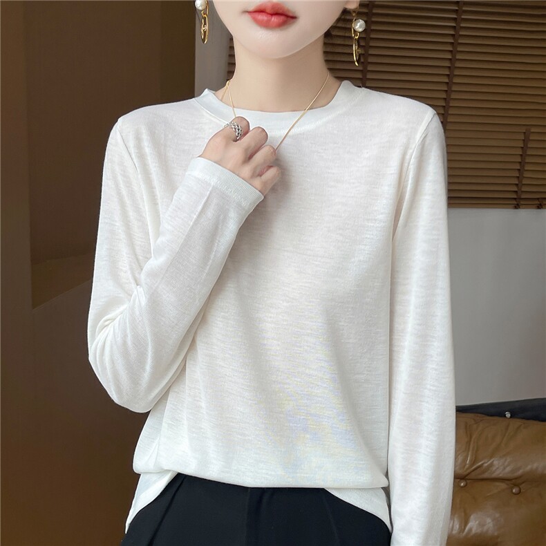 春秋新款精纺羊毛衫针织上衣女士圆领纯色长袖毛衣宽松百搭打底衫，女装衬衫，朝贺羊绒