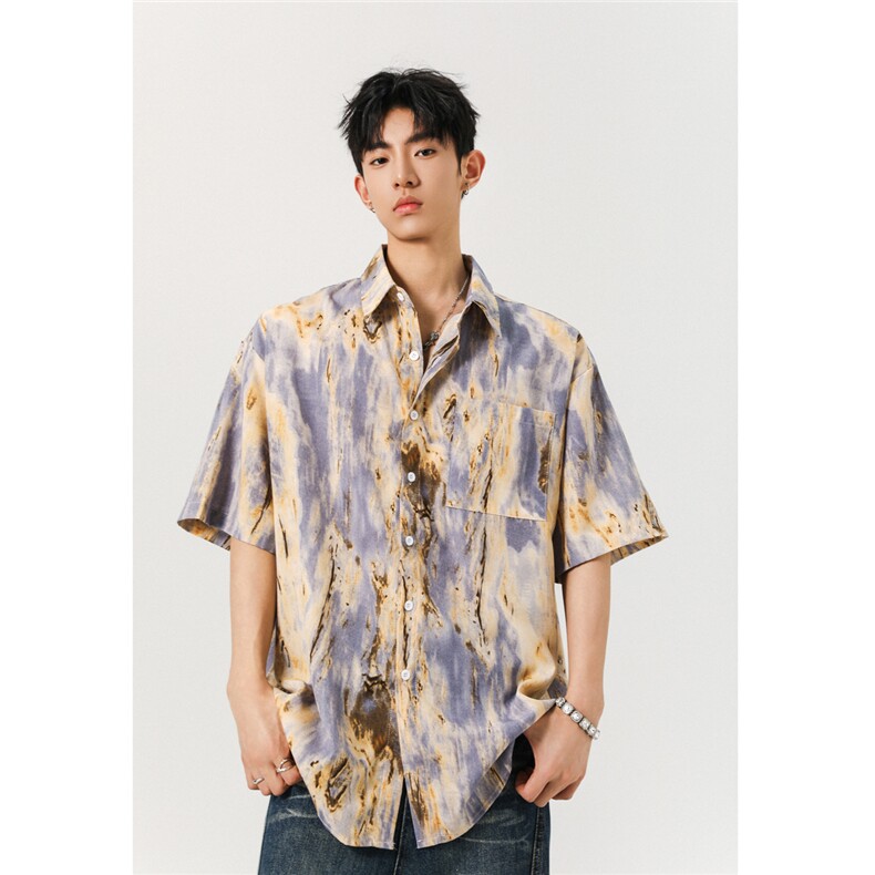 1冰丝扎染面料聚酯纤维M-5XL大码短袖衬衫男DCS78034P35控58，男装T恤，星座226-2