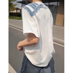 潮流白色牛仔杠条拼接撞色短袖T恤男ins慵懒日系流行 TG84图片
