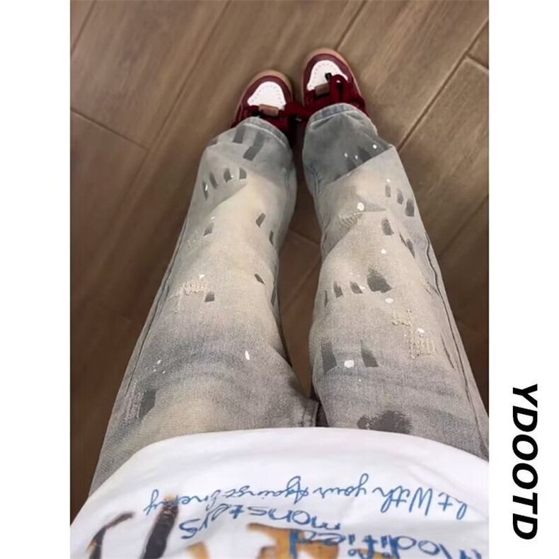 839-P41 美式复古牛仔女2025春秋宽松显瘦高腰直筒阔腿拖地裤图片