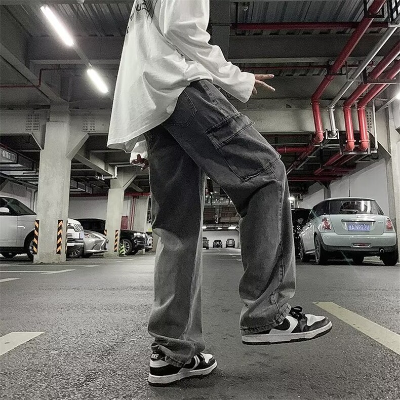 美式复古工装牛仔裤男潮牌多口袋宽松休闲百搭抽绳拖地裤,男装牛仔裤,星座410-6（原星座1304-1）