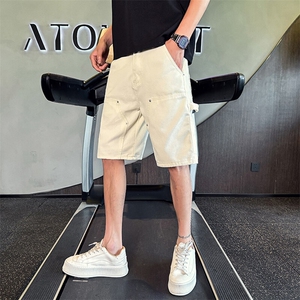 ND93-P55  白色复古水洗重磅工装牛仔裤男士夏季宽松直筒五分裤图片