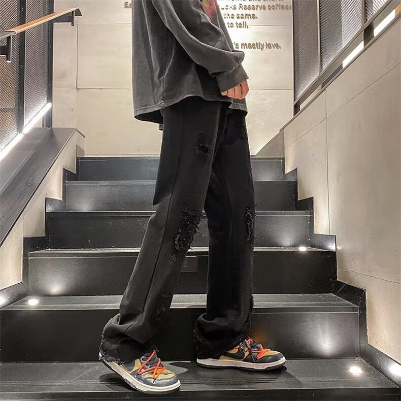 美式vintage毛边破洞牛仔裤男ins潮牌高街vibe直筒长裤N2835-P48,男装牛仔裤,星座1008