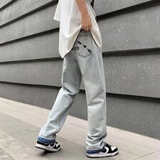 2023夏季街头复古牛仔裤男直筒宽松ins潮牌美式高街裤子NK481P40图片