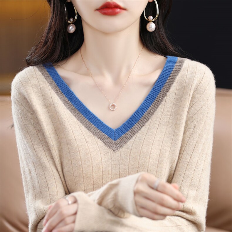 V领拼色100%纯羊毛衫女加厚坑条针织毛衣宽松羊绒衫短款打底上衣，女装羊毛衫，开创羊绒