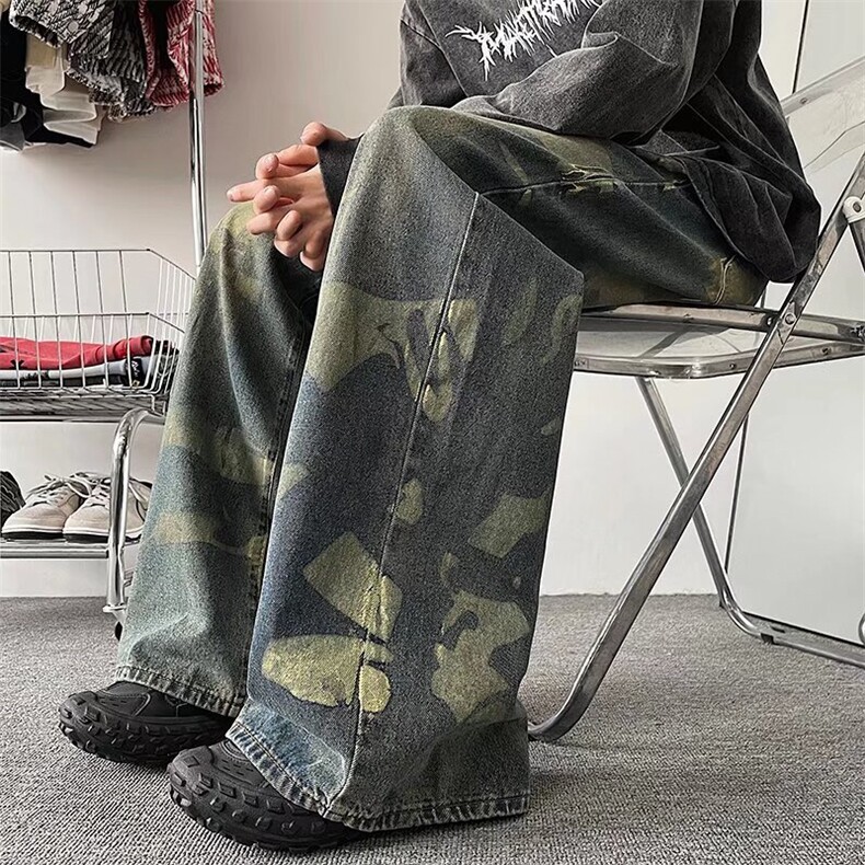 美式高街vibe做旧迷彩牛仔裤男春季潮牌设计感休闲百搭直筒长裤图片