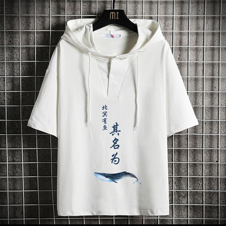 LD54261-P45 NASA连帽短袖t恤男大码胖子带帽五分袖中袖 网格图片