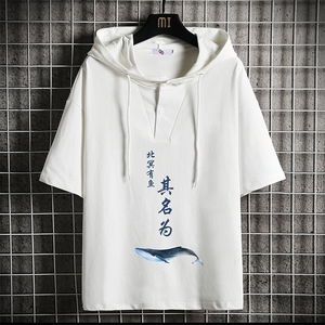 LD54261-P45 NASA连帽短袖t恤男大码胖子带帽五分袖中袖 网格图片
