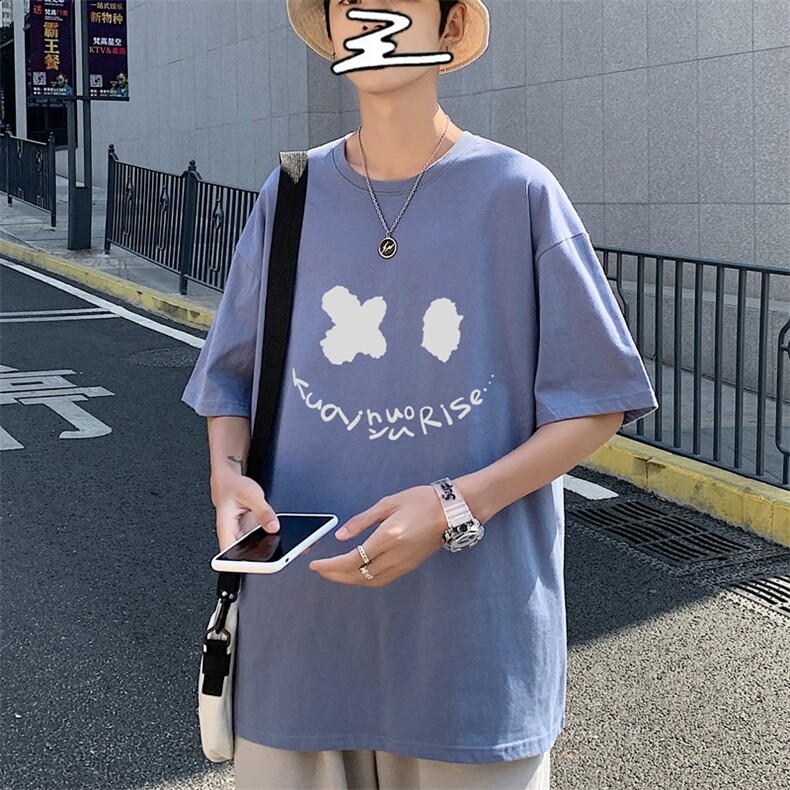 T1795P25港风室外纯棉2021男线条笑脸英文印花短袖T恤宽松T恤,男装T恤,星座510A-1