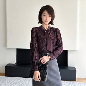 2025秋冬转新款百搭蕾丝法式蝴蝶结长袖小衫高级感上衣打底衫图片
