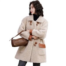 2020冬季新款简约潮流时尚舒适翻领拼接仿羊羔毛外套，女装羊羔毛/颗粒绒，千千佰惠