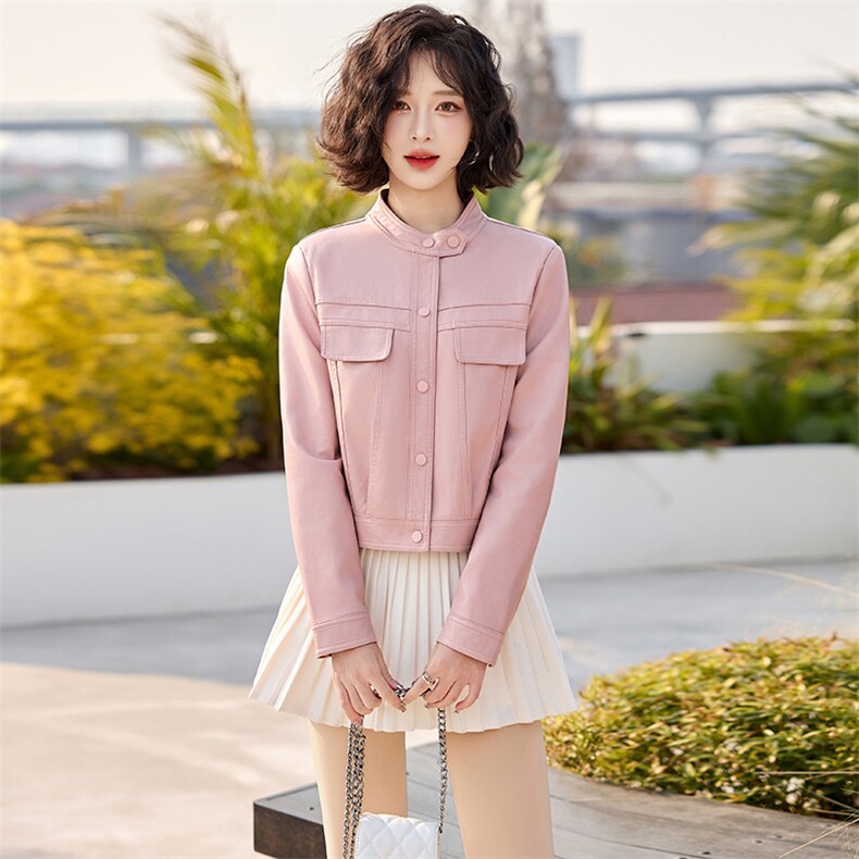 小皮衣外套女款2025新款春秋爆款小个子短款立领高级感机车皮夹克,女装皮衣,魅丽静蓝