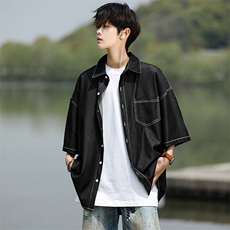 8XL-M冰丝牛仔短袖衬衫男款夏季薄款宽松慵懒衬衣外套DC28006P60，男装T恤，电商B312